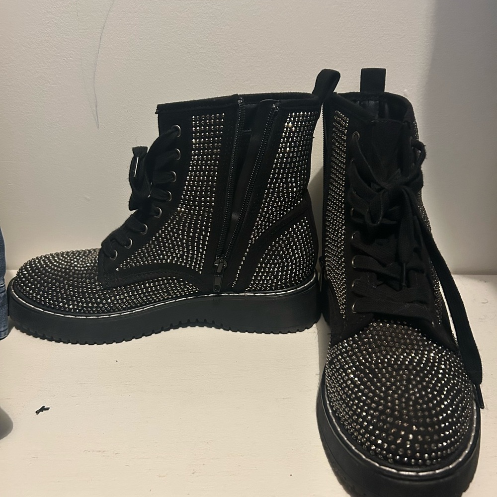 Madden Girl Black Studded Lace-Up Combat Boots - Picture 6 of 6